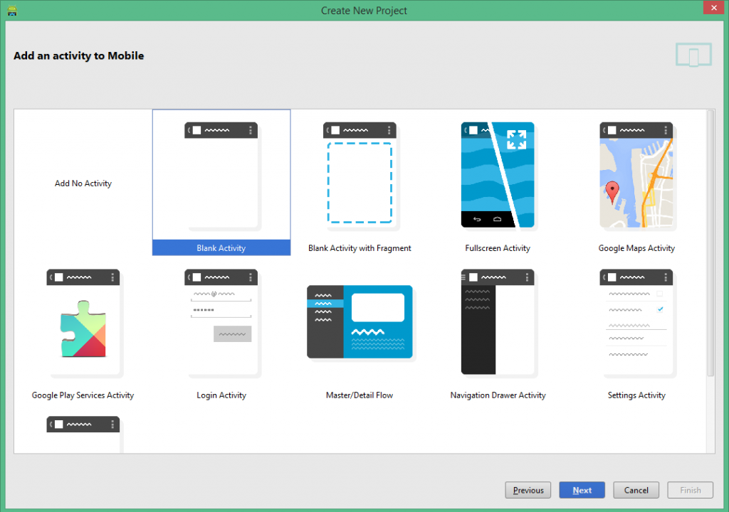 Elección tipo Activity en Android Studio