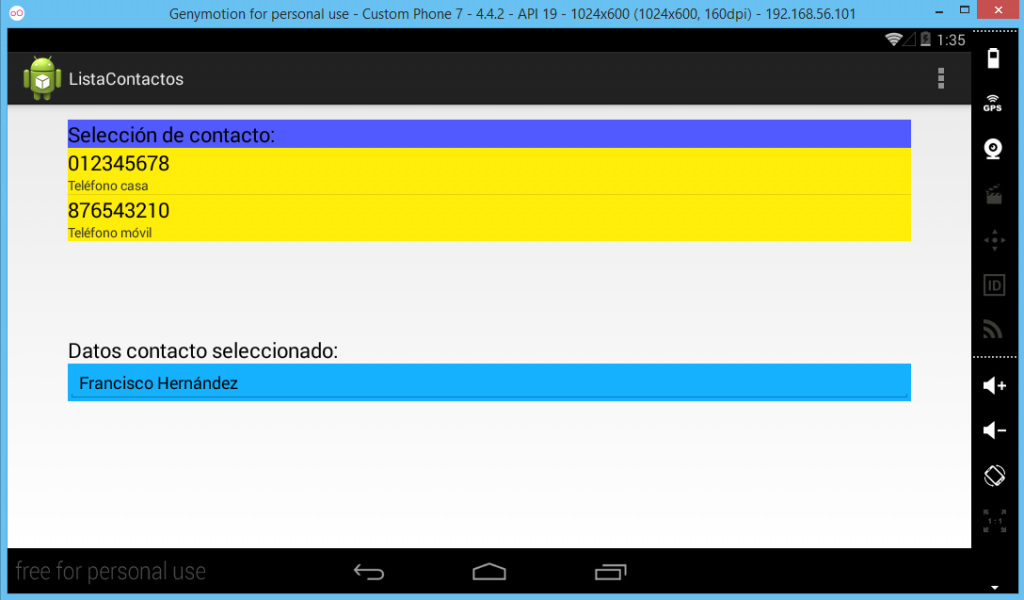 Pantalla del proyecto ejemplo con Android Studio