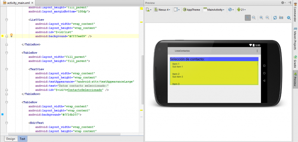 opción Preview Text en Android Studio