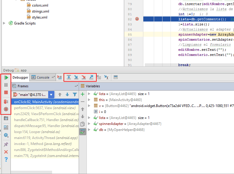 Opciones depuración en breakpoint en Android Studio