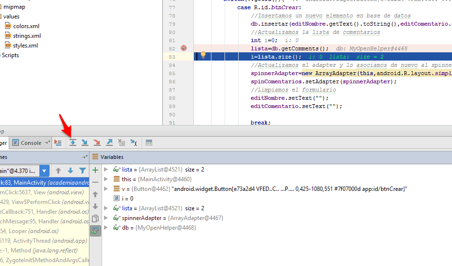 Opción Step over en modo depuración en Android Studio