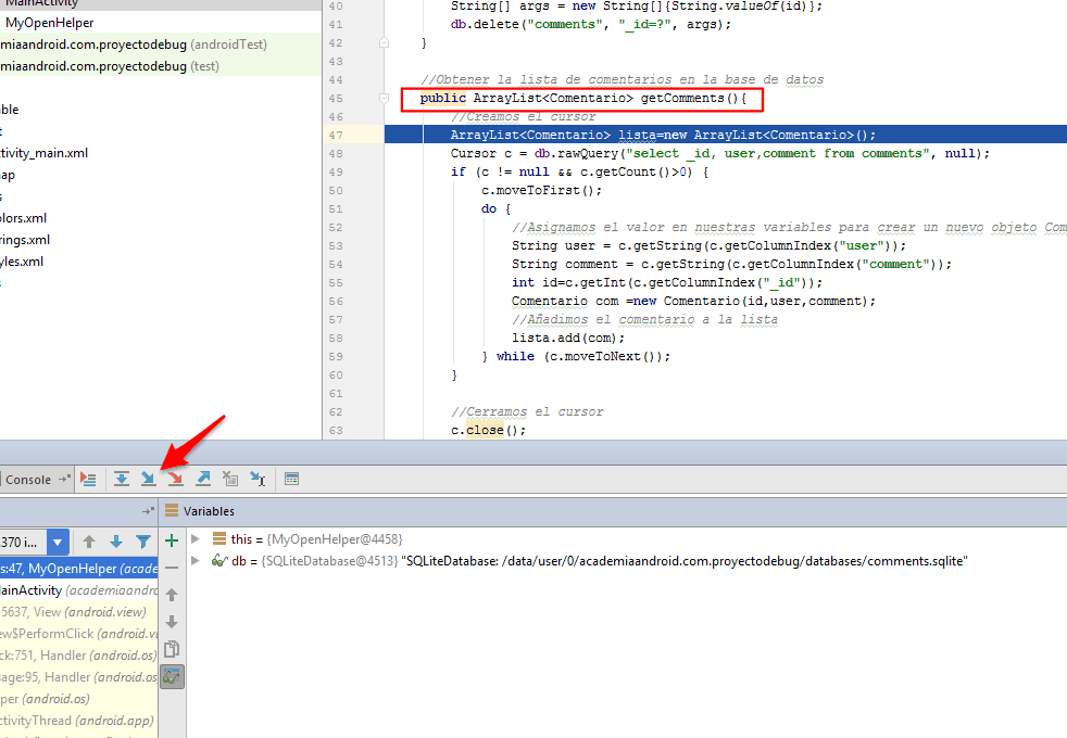 Opción Step into en modo depuración en Android Studo