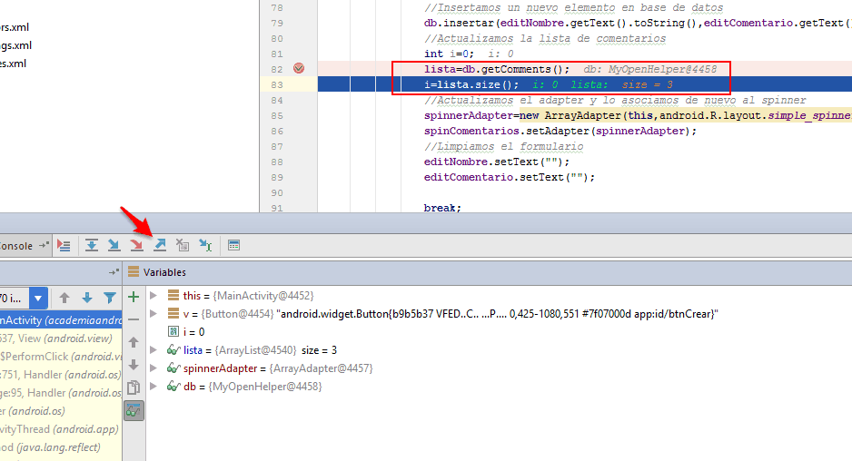 Opción Step over en modo depuración en Android Studio