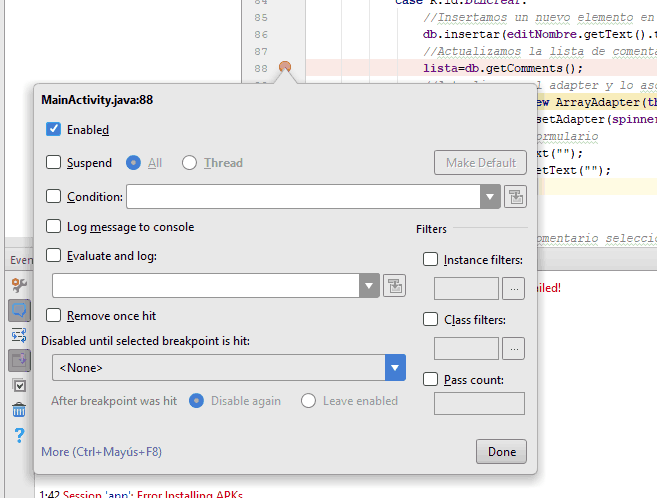 Opciones avanzadas para un breakpoint en Android Studio